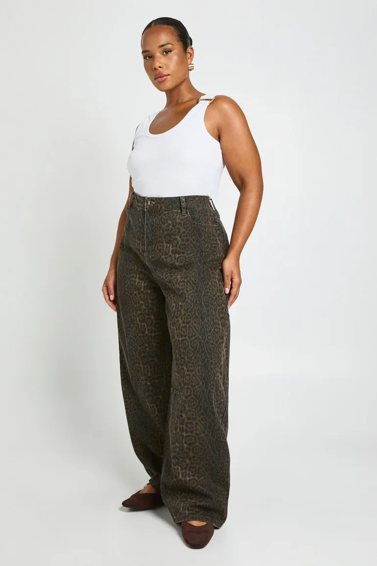 Plus High Waist Leopard Print Barrel Jean - leopard - 1