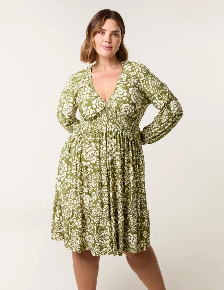 Curve Shirred Neck Elastic Mini Dress - 1