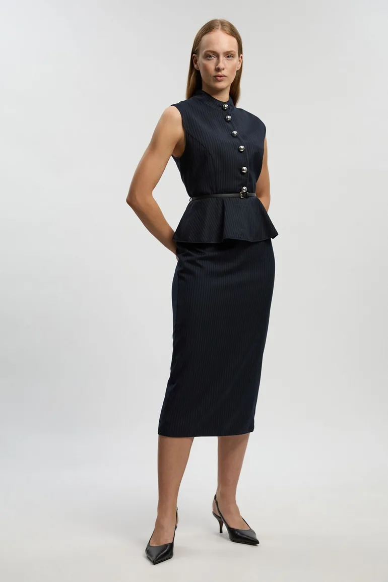 Petite Tailored Pinstripe Peplum Belted Midi Dress