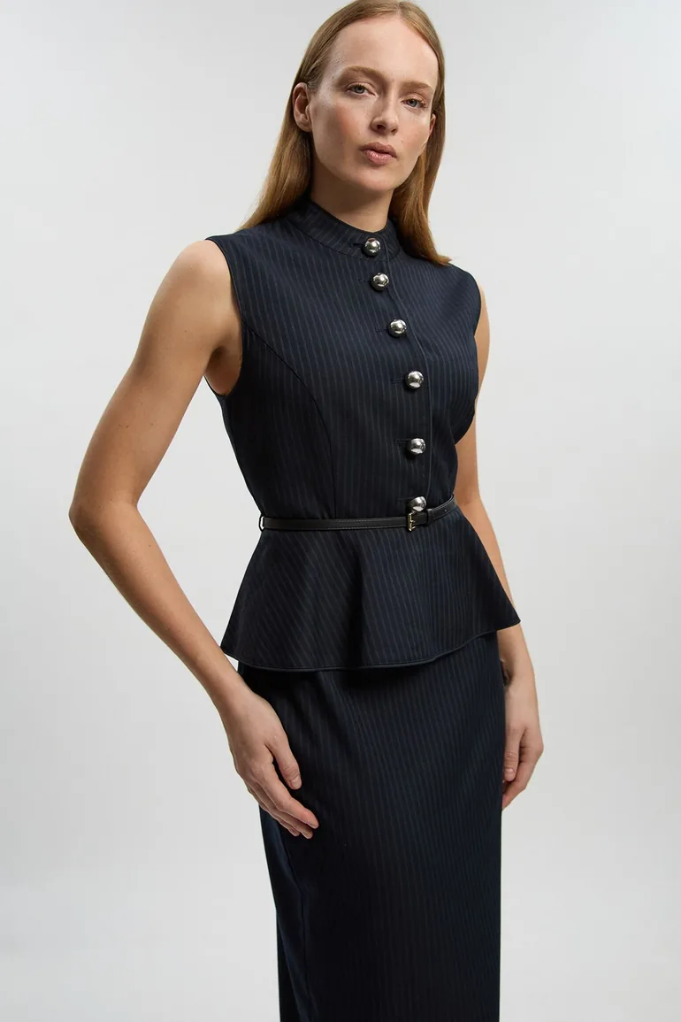 Petite Tailored Pinstripe Peplum Belted Midi Dress - 1