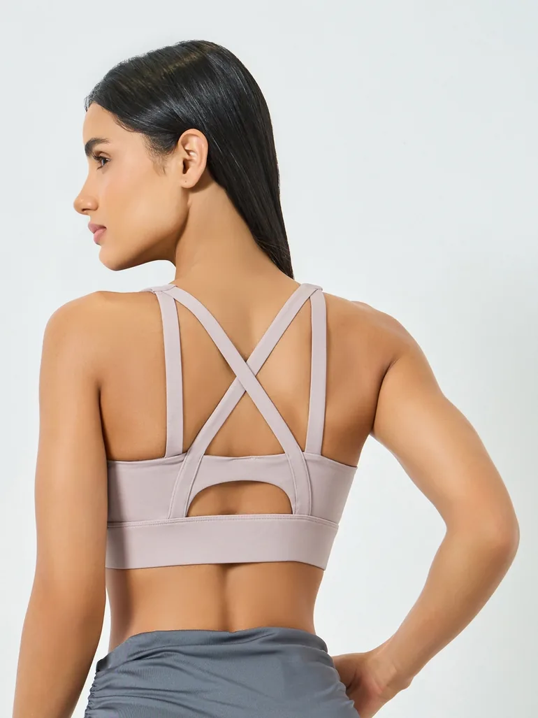 Pink Front Zip-Up Cross Back Sports Bra - High Support - 3