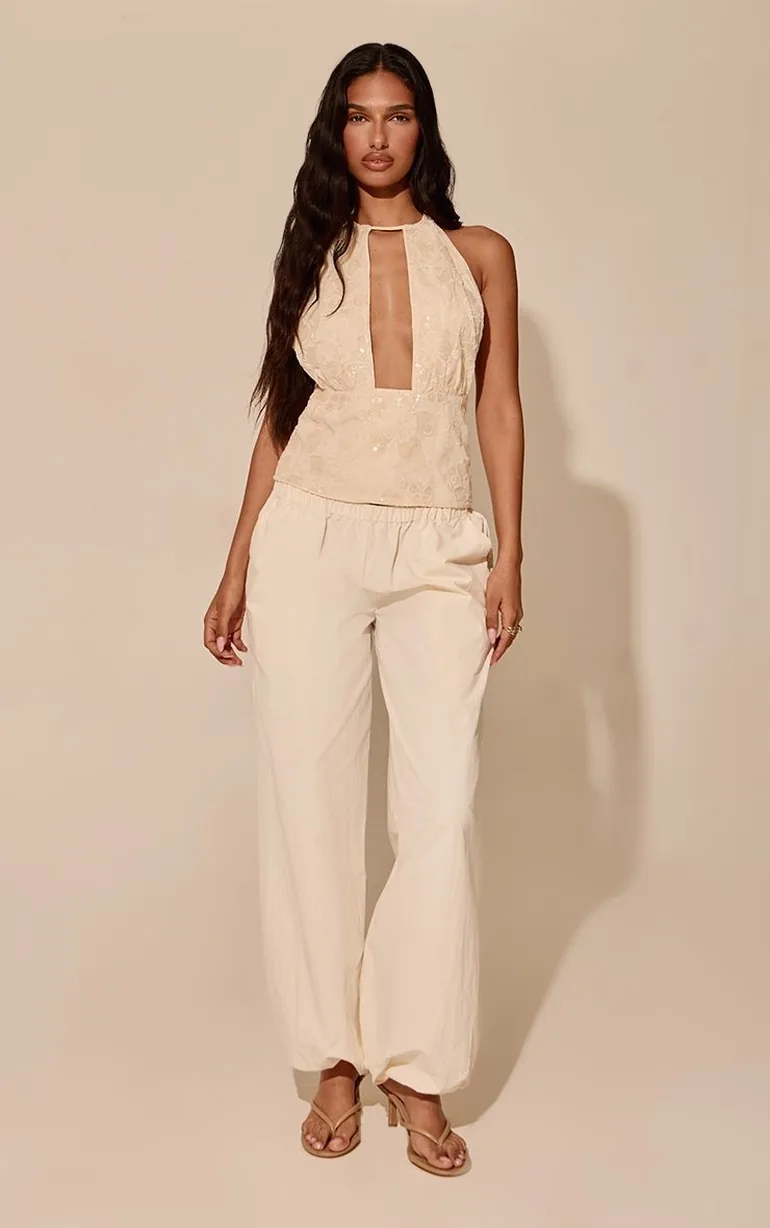 Cream Sequin Textured Floral High Neck Top