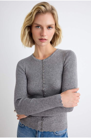 Anthracite Button Detailed Premium Yarn/Special Yarn Knitwear Cardigan