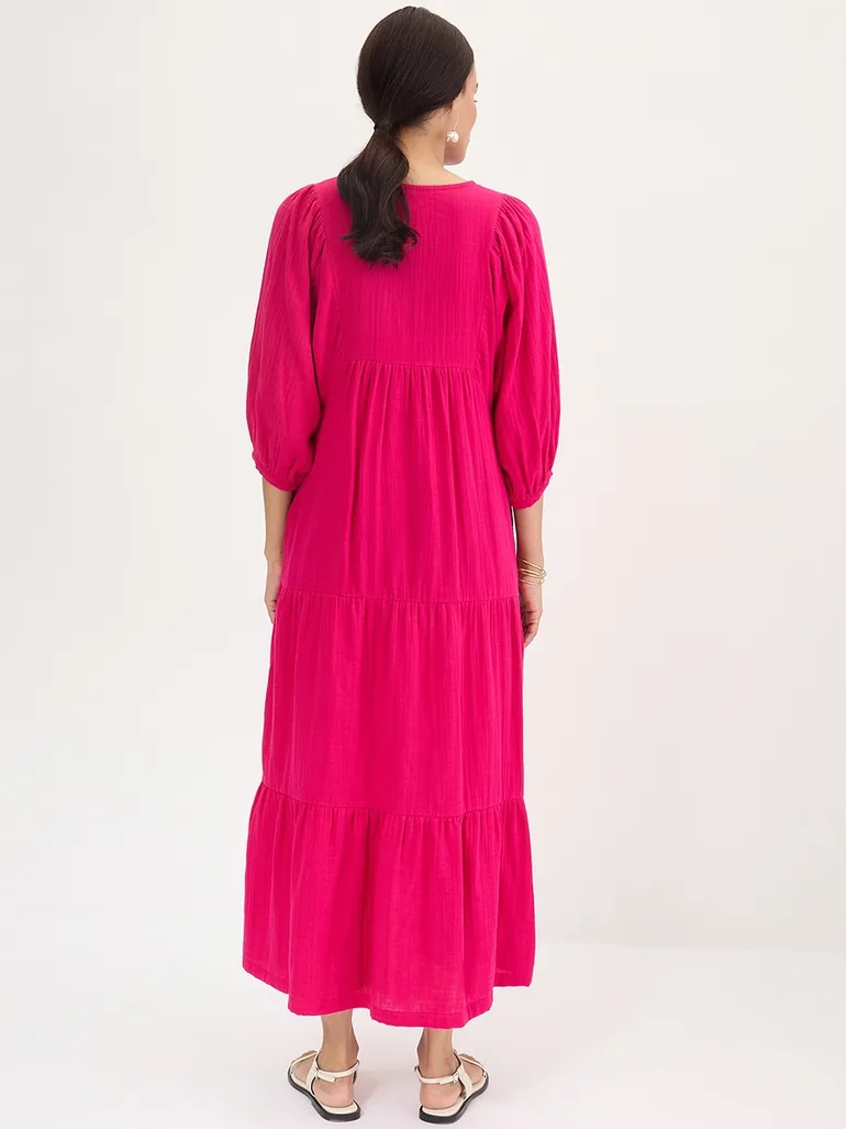 Hot Pink Cotton Tiered Maxi Dress - 2