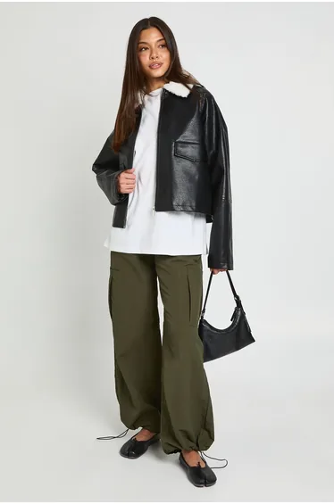 Faux Leather Faux Fur Trim Jacket - black