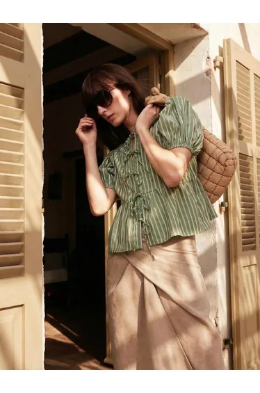 Black 100% Cotton Striped Boxy Blouse