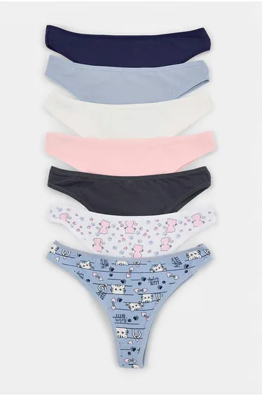 Navy Blue-Multicolor 7-Piece Cotton Plain-Cat Patterned Brazilian Panties