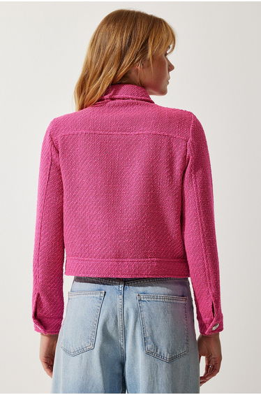 Women's Pink Stylish Buttoned Woven Tweed Jacket product thumbnail 4