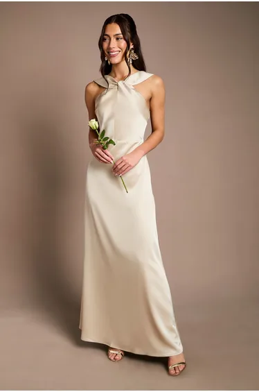 Twisted Halterneck Satin Maxi Bridesmaid Dress