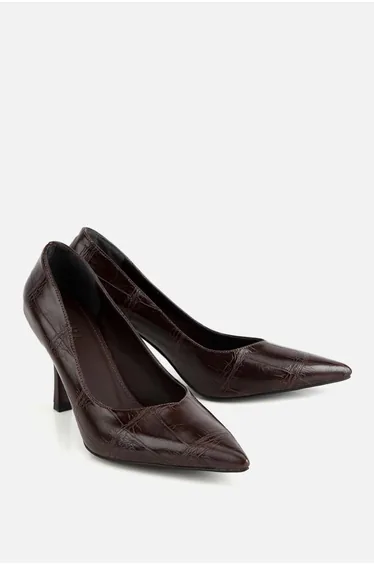 Women's Brown Pointed Toe Croco Thin High Heel Shoes