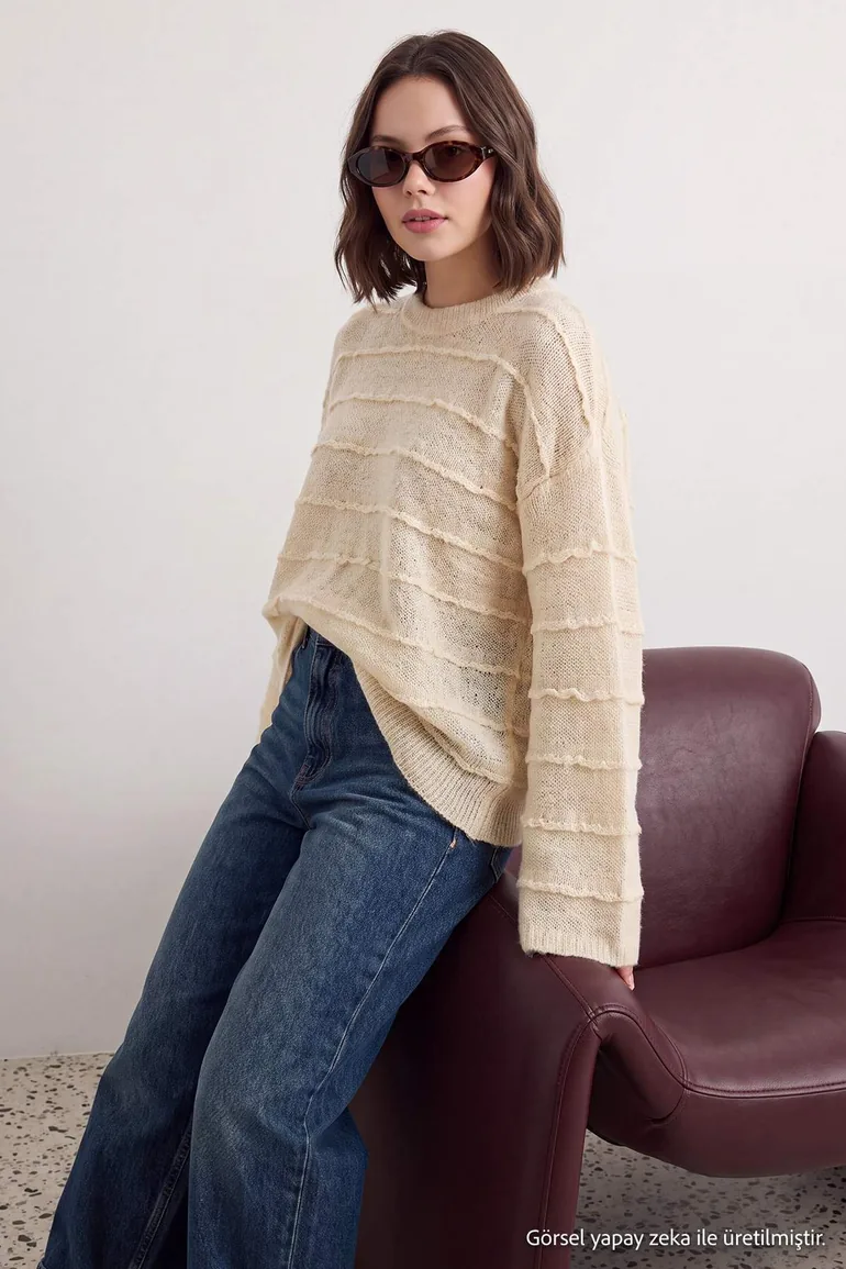 Ecru Mohair Blended Textured Crew Neck Slim Knitwear Sweater - 6
