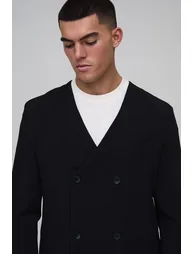 Relaxed Double Breasted Collarless Suit Jacket - black - 2