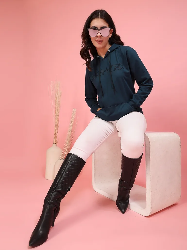 Women Teal Printed Fleece Hoodie - 2