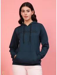 Women Teal Printed Fleece Hoodie - 3