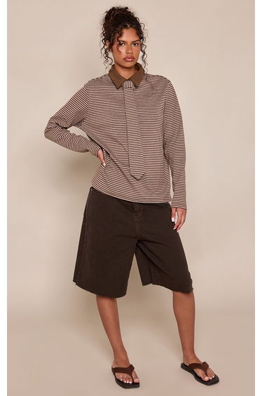 Chocolate Stripe Rib Tie Detail Fitted Long Sleeve Top product thumbnail 3
