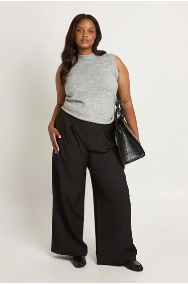 Plus Elasticated Back Pleated Wide Leg Trouser - black