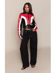 Petite Black Contrast Stripe Faux Leather Racer Jacket