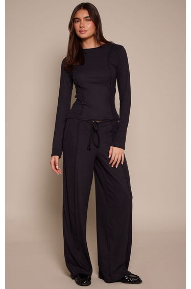 Black Seam Detail Wide Leg Trousers
