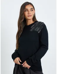 Women Black Embellished Sweater - 2
