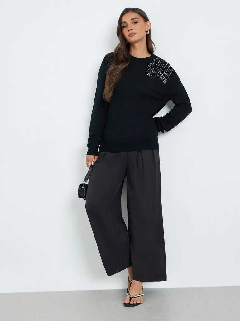 Women Black Embellished Sweater - 1