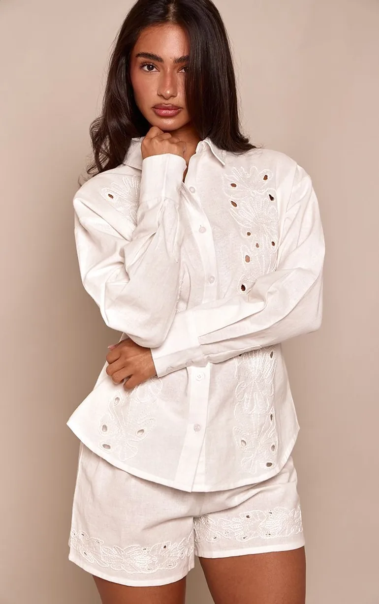 Petite Natural Embroidered Linen Look Flowy Shorts Co-ord - 3