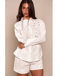 Petite Natural Embroidered Linen Look Flowy Shorts Co-ord - 3