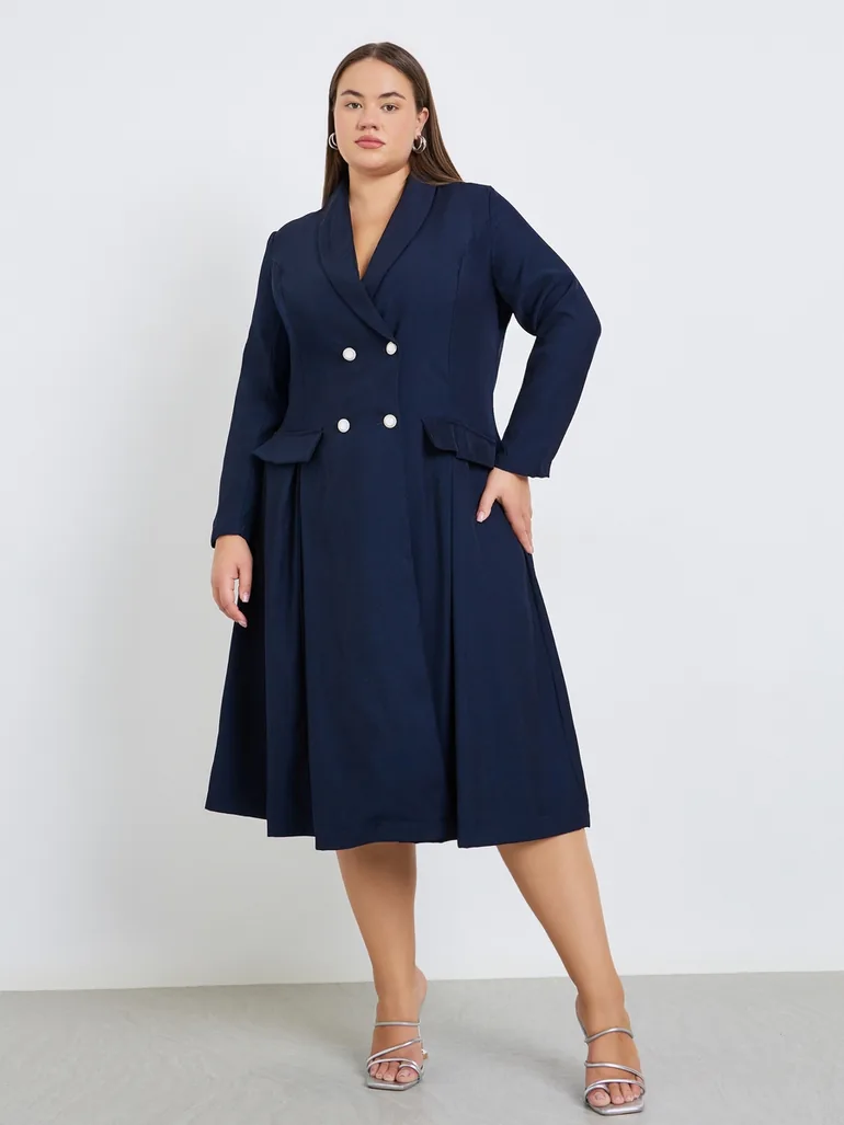 Plus Size Fold Pleat Blazer Midi Dress