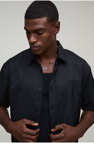 Oversized Boxy Dragon Print Twill Shirt - black