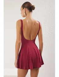 Burgundy Square Neck Skirted Swimsuit - 4