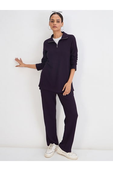Women Dark Purple Waffle Knit Trousers