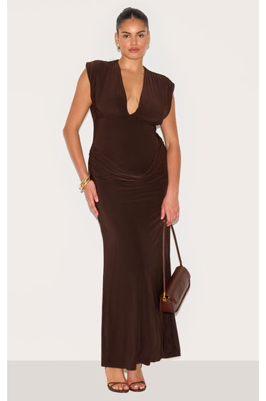 Plus Chocolate Double Layer Plunge Ruched Shoulder Drape Waist Maxi Dress