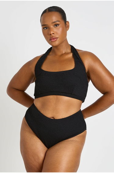 Plus Crinkle Square Neck Top & High Waist Bikini - black