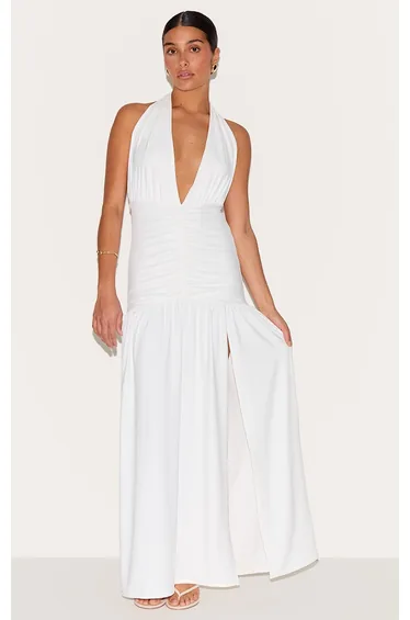 Petite White Double Slinky Halterneck Ruched Maxi Dress