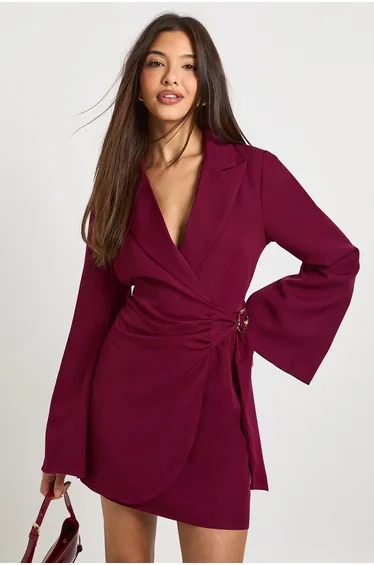 Buckle Detail Tie Waist Blazer Dress - merlot