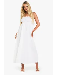 Linen Shirred Bandeau Midaxi Dress - white - 2