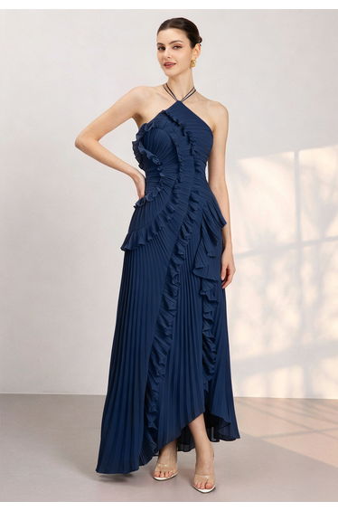 Asymmetrical Ruffle Halter Tie-Neck Pleated Maxi Dress in Navy for Anniversary Dinner & Art Opening
