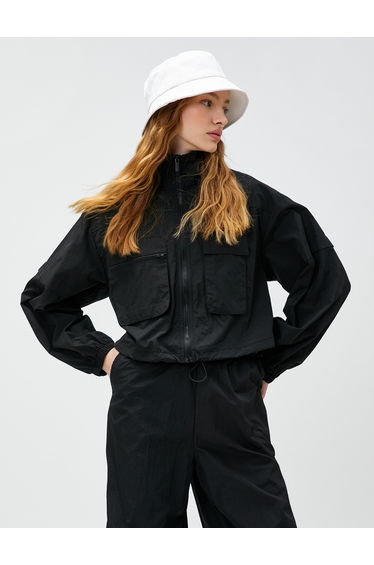 Crop High Neck Elastic Waist Pocket Detail Blouse