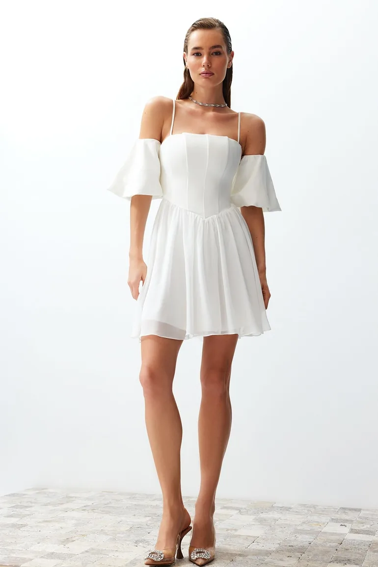 White Open Waist/Skater Woven Corset Detailed Wedding/Wedding Elegant Evening Dress - 1