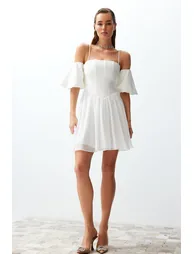 White Open Waist/Skater Woven Corset Detailed Wedding/Wedding Elegant Evening Dress - 1