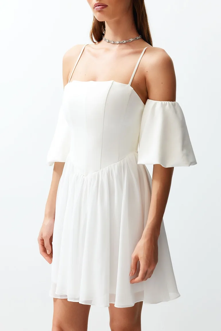 White Open Waist/Skater Woven Corset Detailed Wedding/Wedding Elegant Evening Dress - 4