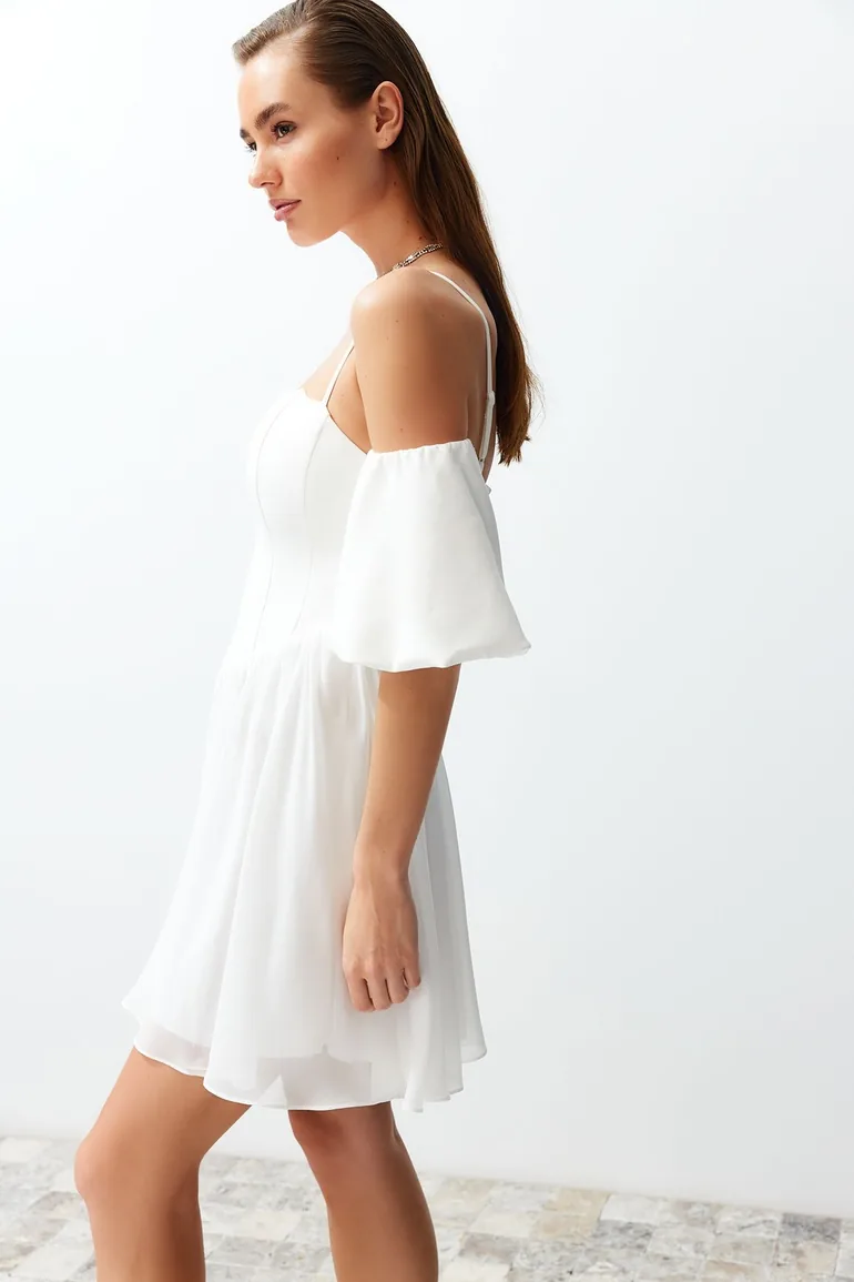 White Open Waist/Skater Woven Corset Detailed Wedding/Wedding Elegant Evening Dress - 3