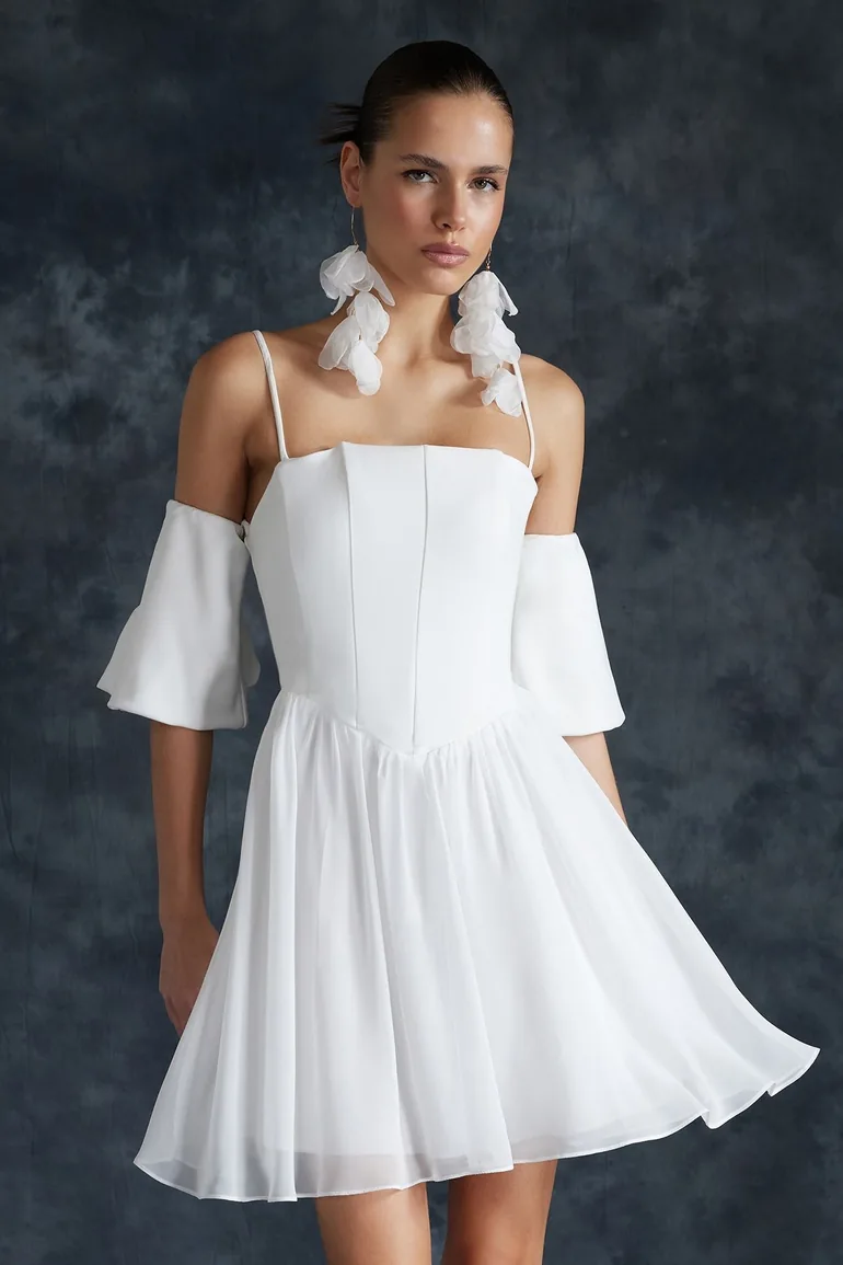 White Open Waist/Skater Woven Corset Detailed Wedding/Wedding Elegant Evening Dress