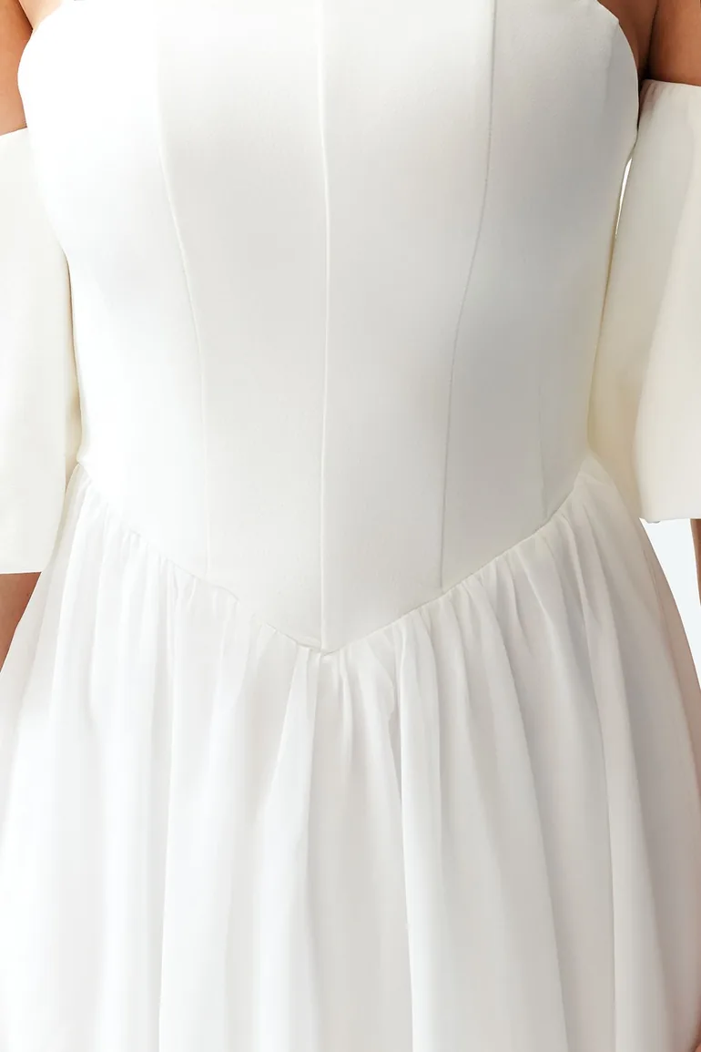 White Open Waist/Skater Woven Corset Detailed Wedding/Wedding Elegant Evening Dress - 5