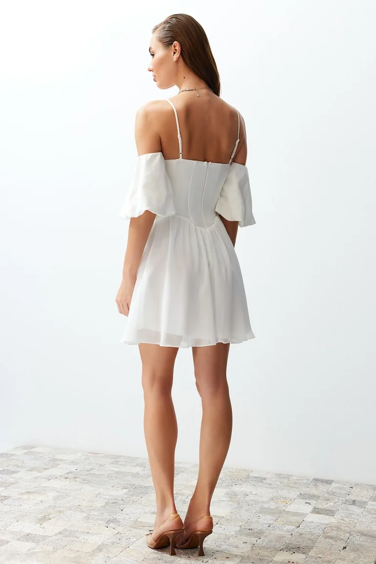 White Open Waist/Skater Woven Corset Detailed Wedding/Wedding Elegant Evening Dress - 6
