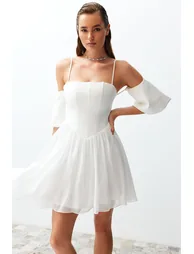 White Open Waist/Skater Woven Corset Detailed Wedding/Wedding Elegant Evening Dress - 2