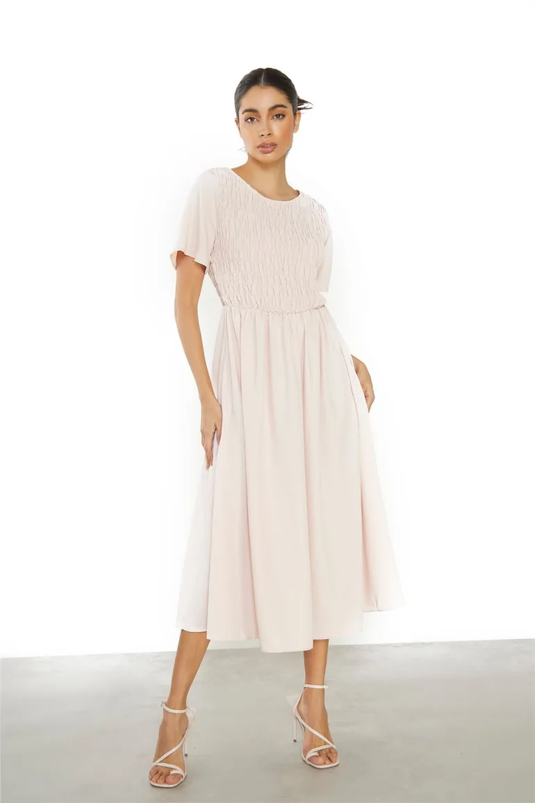 nude pink midi dress Paisley Tiered Midi Dress in Nude Pink X-Small
