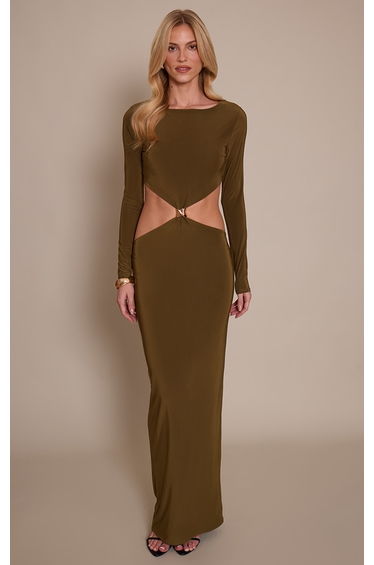 Khaki Double Layer Slinky Long Sleeve Trim Detail Maxi Dress