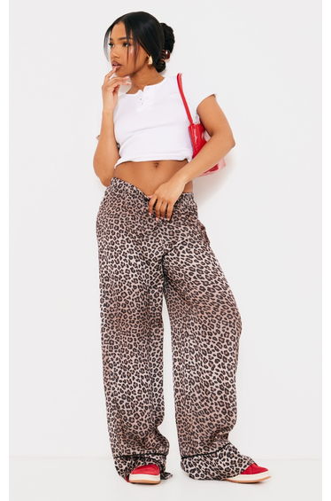 Leopard Printed Satin Wide Leg Trousers