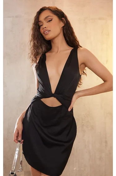 Black Satin Extreme Plunge Tie Waist Drape Bodycon Dress