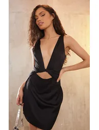 Black Satin Extreme Plunge Tie Waist Drape Bodycon Dress